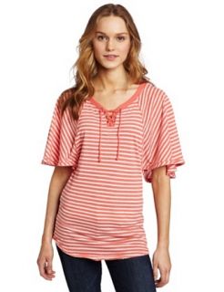 Unionbay Juniors Seaside Stripe Allie Lace up Flutter Sleeve Top, Valentino, Large Fashion T Shirts