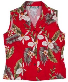 Womens Hawaiian Shirt Sleeveless Hawaiian Orchid in Red 100% Rayon