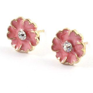 Women Rhinestone Pink Flower Pierced Ear Stud Earrings Eardrops Pair Jewelry
