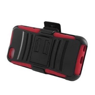 For IPHONE 5C Lite Hybrid Rubber Hard Case Red Black Stand and P Holster 
