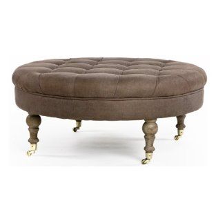French Country Round Tufted Brown Linen Cocktail Ottoman  