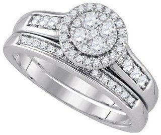 14k White Gold Round Diamond Cluster Halo Womens Bridal Wedding Engagement Ring Anniversary Band Set Jewelry