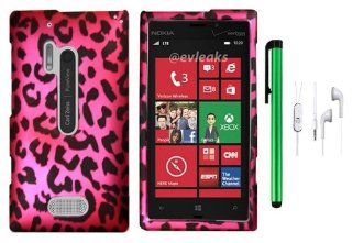 Nokia Lumia 928 (Verizon) Accessory   Pink Black Leopard Premium Pretty Design Protector Hard Cover Case + 1 Random Color Universal Handsfree Headset 3.5MM Stereo Earphones + 1 of New Assorted Color Metal Stylus Touch Screen Pen 