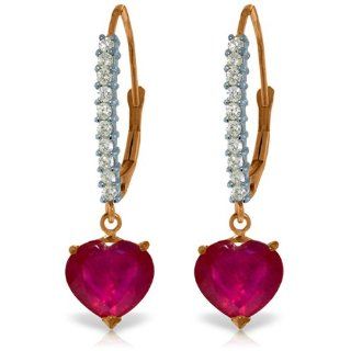 14k Rose Gold Diamond Leverback Earrings with Ruby Heart Jewelry