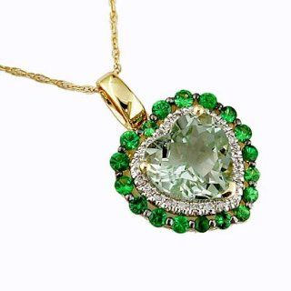 14K White Gold Diamond Green Garnet and Heart Shaped Green Amethyst Necklace JewelryCastle Jewelry