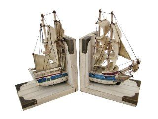 Pair Of Wooden Nautical Ship Bookends Whitewashed   Decorative Bookends