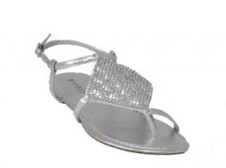 Giggle 01 Gladiator Rhinestone Mesh Thong Flat Sandals Silver Shoes