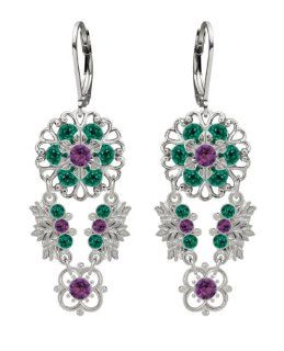 Handmade in USA Floral Chandelier Earrings Designed by Lucia Costin with Filigree and Leaf Ornaments, Embellished with 4 Petal Flowers, Emerald Green and Violet Swarovski Crystals; .925 Sterling Silver Lucia Costin Jewelry