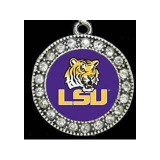 NCAA Official LSU 1 inch long & 1 inch wide Round Crystal Rhinestone Embellished LSU Tigers Logo Charm on 18 inch Chain. Rhinestone Crystals SparkleThe Ultimate Way to Show your Pride in LSU Football & Louisiana State University Students  Sport