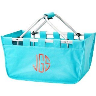 Personalized Folding Market Tote / Aqua Color / Canvas Construction / Collapsible Aluminum Frame and Handles / Roomy 18 in. x 11.5 in. x 9 in.