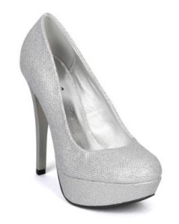 Qupid Sin 01 New Slip On Stiletto Platform Round Toe Pump   Silver Glitter (Size 6.5) Pumps Shoes Shoes