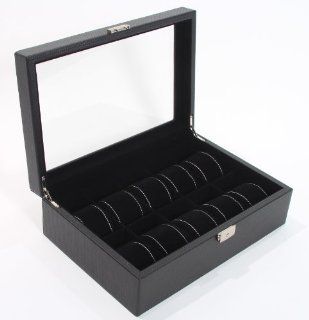 Black Carbon Fiber Pattern Faux Leather Watch Jewelry Display Case with Key Lock 10 Watch Storage Box Watches