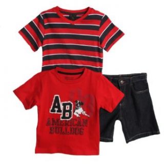 American Bulldog Kid Boys 3 Piece Red Navy Striped Shirt Denim Jean Shorts Set Clothing