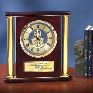 Large Da Vinci Dial Round Brass Gold Clock Suspended in Cherry Wood with Gold Engraving Plate. This desk clock is a great executive gift, retirement gift or anniversary gift.  