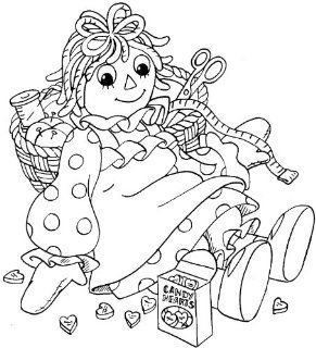 Raggedy Ann with Sewing Basket & Candy Hearts Rubber Stamp