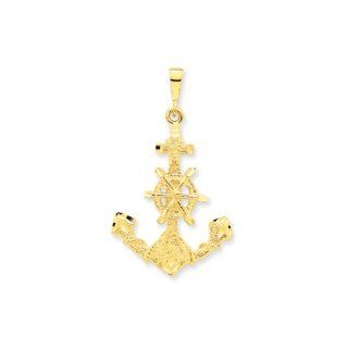 Large Satin Anchor with Wheel and Rope Pendant in 14k Yellow Gold Jewelry