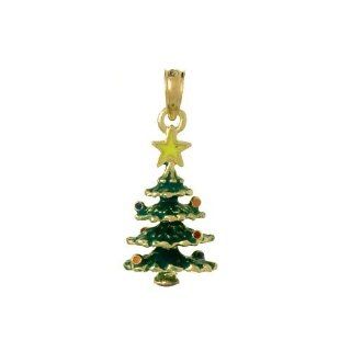 14k Gold Holiday Necklace Charm Pendant, 3d Christmas Tree With Enamel Million Charms Jewelry