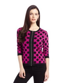Chaus Women's 3/4 Sleeve Two Pocket Dot Jacquard Cardigan, Passion Flower, Small Cardigan Sweaters