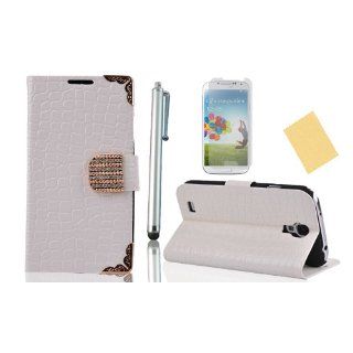 OMIU(TM)Special Corner Design Quality Wallet Leather Carry Case Cover with Credit Card Holders Fit for Samsung Galaxy S4 I9500(White), With Luxury Rhinestones Closure Button, Stand View Function, Sent Screen Protector+Stylus+Cleaning Cloth Cell Phones &am