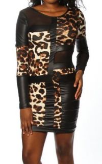 Pinkclubwear Animal Print Faux Leather and Mesh Insert Long Sleeve Mini Dress Leopard Small