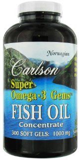 Carlson Labs   Norwegian Super Omega 3 Gems Fish Oil Concentrate 1000 mg.   300 Softgels Health & Personal Care