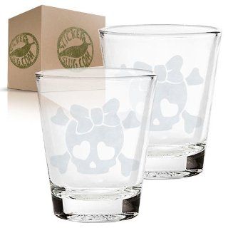 Girly Skull Wearing Bow Etched Shot Glass Set  