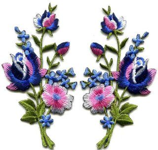 Pink Blue Roses Flowers Floral Bouquet Boho Applique Iron on Patches Pair S 986  Other Products  