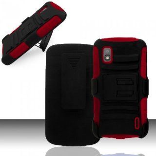 For LG Nexus 4 E960 (T Mobile)   Heavy Duty Armor Style 2 Case w/ Holster   Black/Red AM2H Cell Phones & Accessories