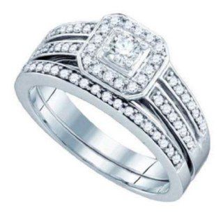 0.5 cttw 14k White Gold Diamond Bridal Engagement Ring Set Matching Wedding Band Ladies 2 Piece Wedding Rings (Real Diamonds 1/2 cttw, Ring Sizes 4 10) Jewelry