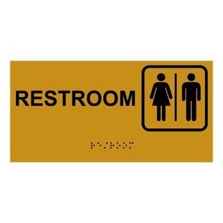 ADA Restroom With Symbol Braille Sign RSME 545 SYM BLKonGLD Restrooms  Business And Store Signs 