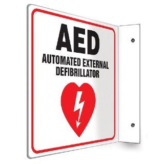 Accuform Signs PSP972 Projection Sign 90D, Legend "AED AUTOMATED EXTERNAL DEFIBRILLATOR" with Graphic, 8" x 8" Panel, 0.10" Thick High Impact Lumi Glow Plastic, Pre Drilled Mounting Holes, Red/Black on Glow Industrial Warning Sign