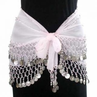 WHITE & SILVER DANGLING COINS BELLY HIP DANCE WRAP BELT Clothing