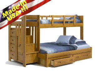 Roundhill Furniture Stina Solid Wood Reversible Stair Way Bunk Bed with Drawer and Under Bed Chest, Twin/Full, Oak Home & Kitchen