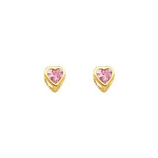 14K Yellow Gold 4mm Heart Bezel Set October CZ Birthstone Stud Earrings for Baby and Children (Pink Tourmaline, Light Pink) The World Jewelry Center Jewelry