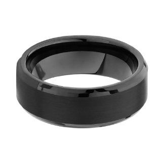 *** LASER ENGRAVING SERVICE *** 8mm Black Plated Cobalt Free Tungsten Carbide Beveled Edge Comfort Fit Wedding Band Ring (Size 8 to 14) Goldenmine Jewelry