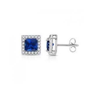 Square Blue Sapphire Earrings with Diamond Border in 14K White Gold Quality Heirloom Jewelry