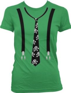 Skull And Bones Neck Tie And Suspenders Juniors Gothic Design T shirt, Fake Tie Juniors Shirt Novelty T Shirts Clothing