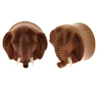 Organic Ear Plugs with Good Luck Thai Elephant Carved in Zapotillo Wood with Bone Tusks   7/8'' (22mm) Hand Carved Plugs   Sold as a Pair Body Piercing Plugs Jewelry