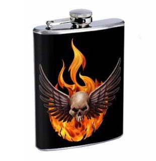 Flask 8oz Stainless Steel Skull Design 006  Alcohol And Spirits Flasks  
