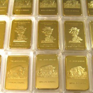 5 (Five) 1 Troy Ounce Yellowstone Bison 24k .999 Gold Clad Bar + Bonus Gold Buffalo Nickel 