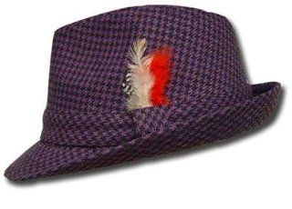PURPLE BLK HOUNDSTOOTH FEATHER FEDORA TRILBY HAT LG XL Sports & Outdoors