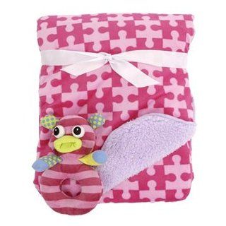 Littlemissmatched Reversible Blanket with Rattle   Pink Puzzle  Nursery Receiving Blankets  Baby