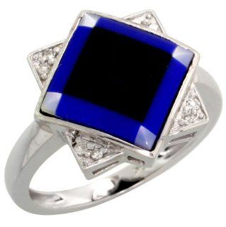 10k White Gold Square shaped Diamond Ring, w/ Brilliant Cut Diamonds, Mother of Pearl, Black Onyx & Lapis Lazuli Gems, 9/16 in. (15mm) wide, size 6 Jewelry