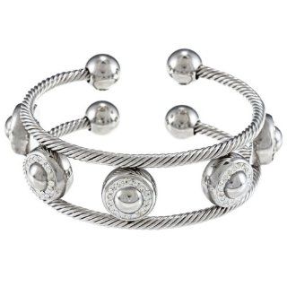 Stainless Steel White Enamel and Crystal Double Rope Cuff Bracelet Jewelry