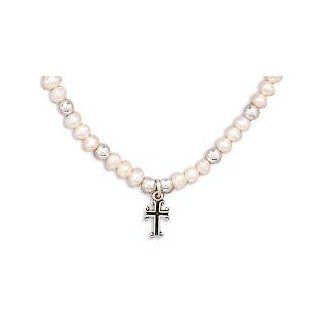 Childrens White Pearl Necklace with Cross Sterling Silver   Made in the USA Jewelry