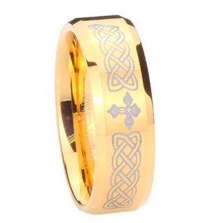 5MM Tungsten Carbide Celtic Cross 14K Gold IP Pipe Cut Engraved Ring Size 4 Wedding Bands Jewelry