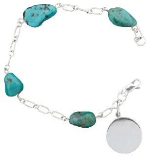 Sterling Silver Freeform Turquoise, Engravable Disc 7 Inch Bracelet Jewelry