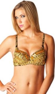 Fashion Lingerie Women's Gold Bra w/ Oversized Gems and Bead and Sequin Detail   Gold   Medium/Large Clothing
