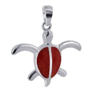 Sterling Silver Coral inlay 23mm x 29mm Sea Turtle Pendant Jewelry