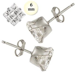 Sterling Silver Stud Earring Aprx 3 Carat Total Weight, 6mm Each Princess Invisible Cut Simulated Diamond Earring. Set on High Quality Stamping Setting with Friction Style Post   Crazy2Shop Jewelry